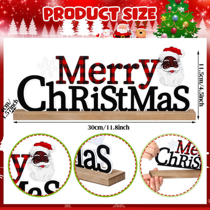 Realspring Merry Christmas Metal Sign African American Table Decor Christmas Black Santa and Red Black Buffalo Plaid Decor with Wooden Base for Tiered Tray Home Tabletop Centerpiece Mantel Fireplace