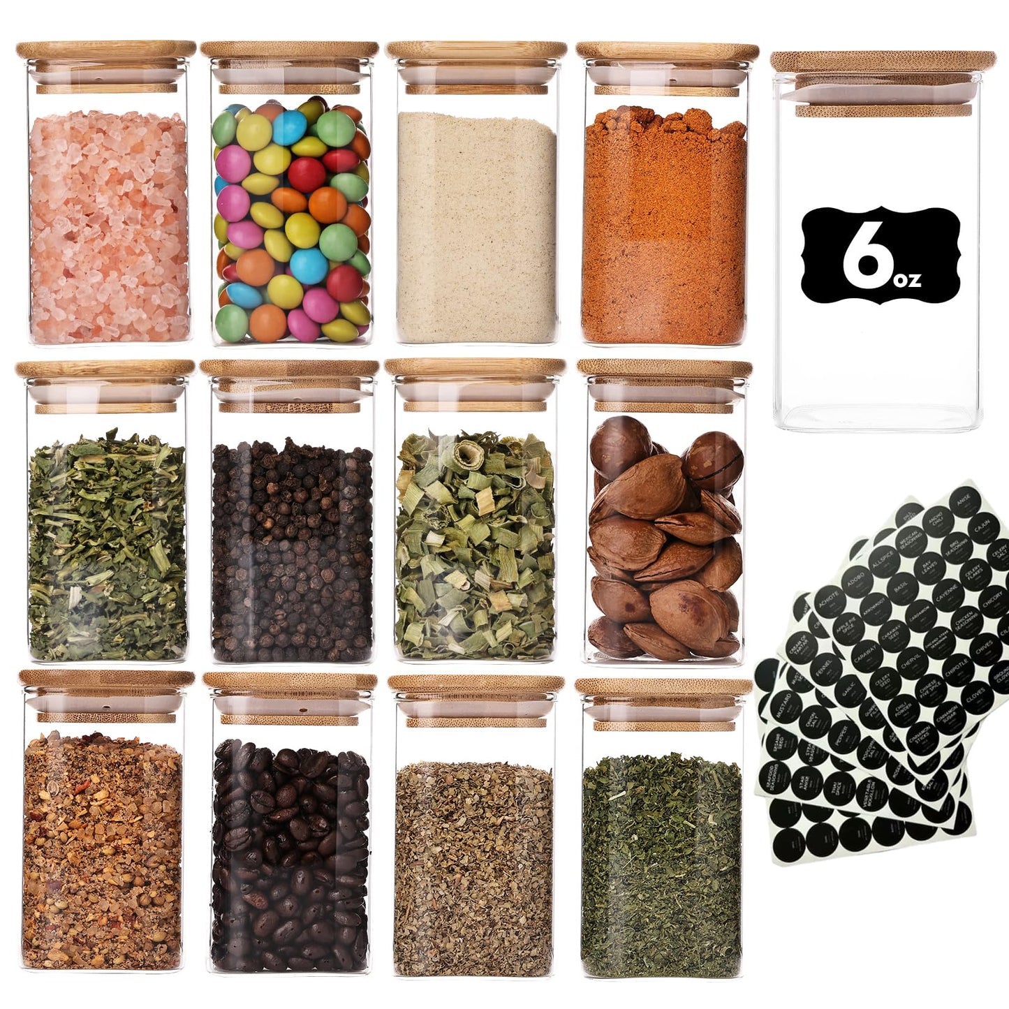 6oz Glass Spice Jars with Bamboo Lid and Label, 12 Pack Square Glass Container, Small Food Storage Containers for Kitchen, Clear Empty Seasoning Jar for Sugar, Salt, Coffee Bean, Herb, Borosilicate