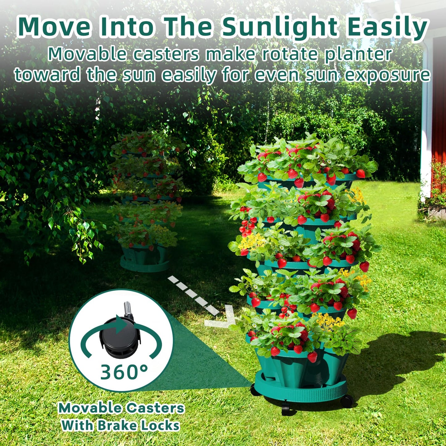 Tectsia Strawberry Vertical Planters Tower Garden 2 Pack, 7 Tiered Stacking Herb Vegetable Planter with Support Pole Indoor and Outdoor - Hunter Green