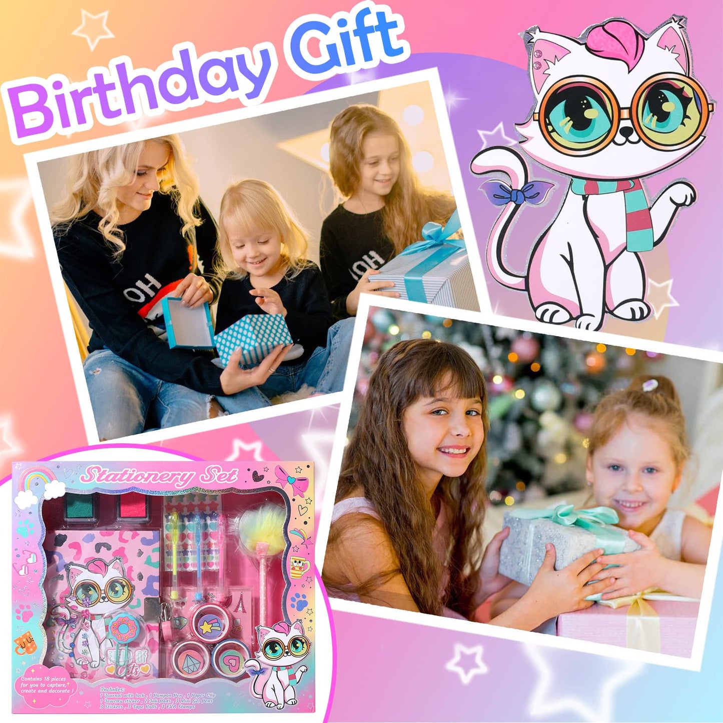 YOYTOO Cat Diary for Girls with Lock, Cat Stationery Set with Secret Diary, Stamps, Pens, Journal Notebook Birthday Christmas Gifts for Little Girls Age 5 6 7 8 9 10