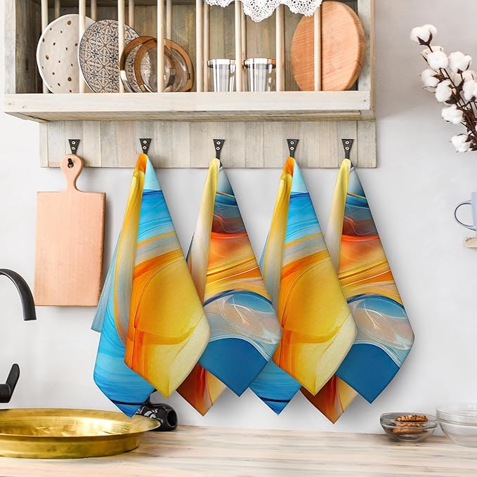 Orange Blue Kitchen Dish Towels Set of 4, Soft Absorbent Marble Decorative Tea