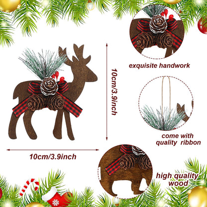 Blulu 8 Pcs Rustic Woodland Christmas Ornaments with Buffalo Plaid Bow Farmhouse Wooden Christmas Decorations for Tree Wooden Animal Hanging Ornaments for Xmas Home Decor(Classic Style)
