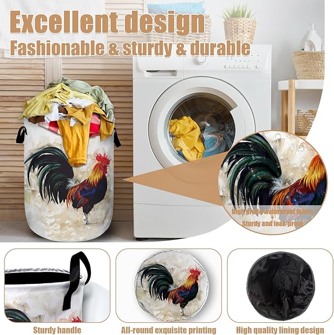 Vintage Rooster Laundry Basket, Farm Chicken Laundry Hamper Tote Bag Dirty