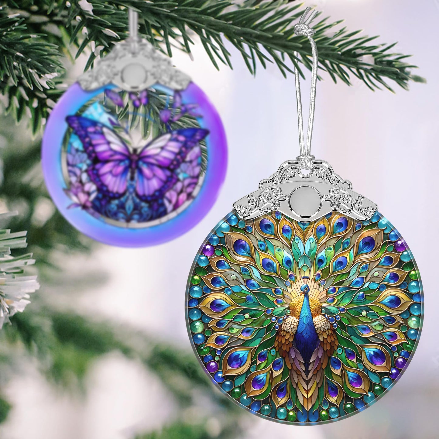 Peacock Christmas Ornament - Stained Glass Hanging Tree Decoration, Holiday Home Decor, Gift Idea - Peacock in Its Pride