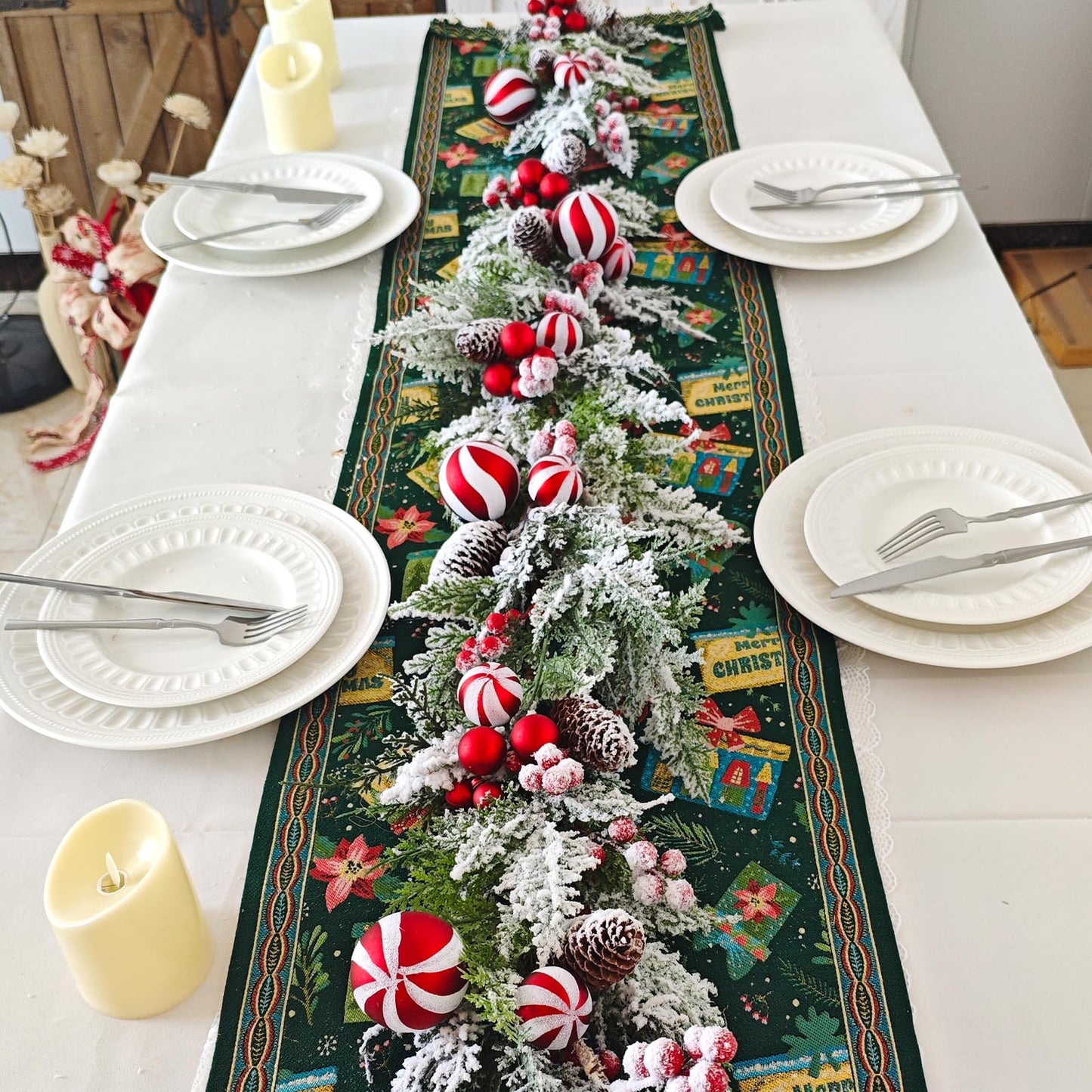 Egolot 70 Inch Christmas Candy Cane Garland for Front Door, Winter Red White Xmas Holiday Garland for Indoor Outdoor, Christmas Frosted Garland with Berries and Pine Cones