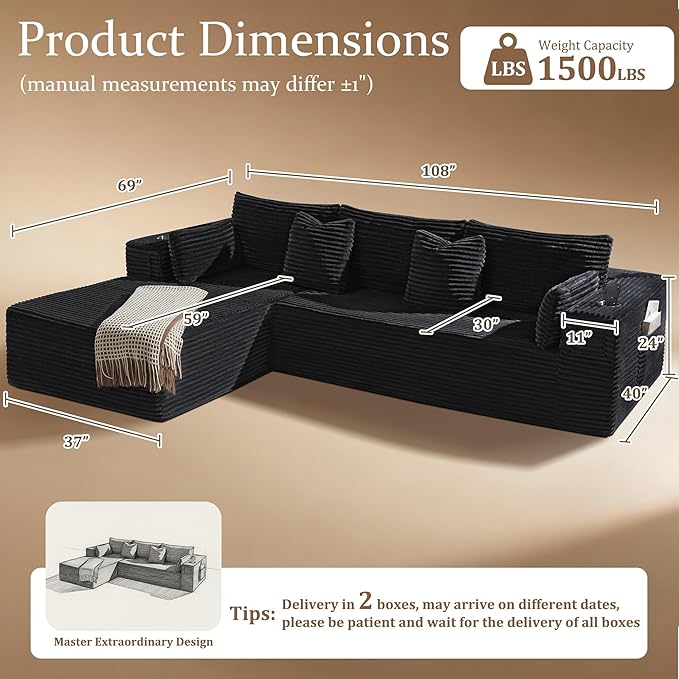 108" Oversized Cloud Sectional Couch, Comfort U Shaped Sofa
