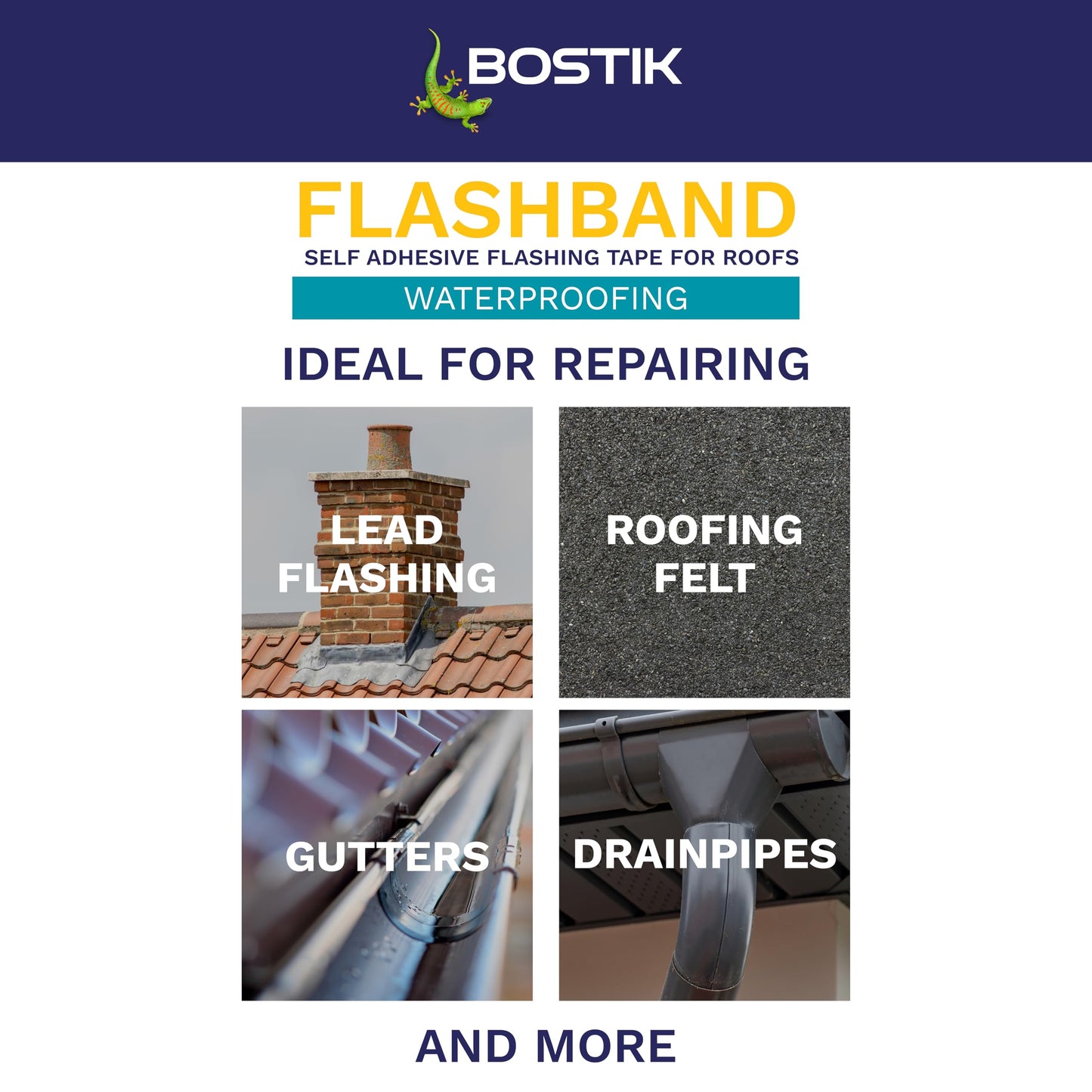 Bostik Flashband Self Adhesive Flashing Tape for Roofs Grey - 75mm x 10m - Provides an Instant Watertight Seal - Quick and Easy Application - Excellent Adhesion