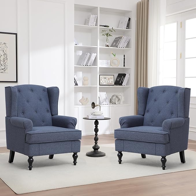 Accent Chair Set of 2, Mid Century Modern Fabric Wingback Chair, Upholstered