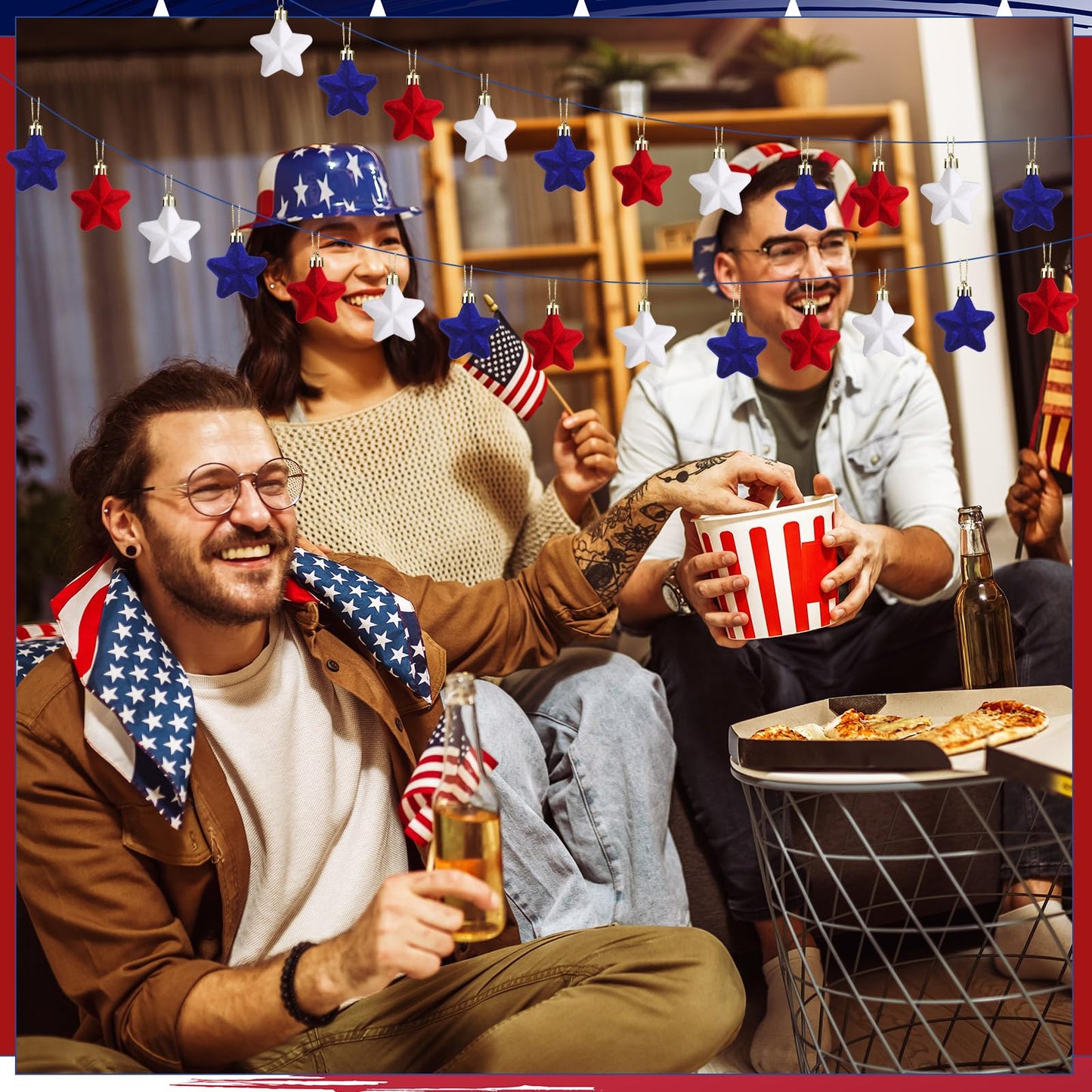 PullCrease 36 Pcs 4th of July Tree Decorations 1.18 Inch Red White Blue Star Ornaments Patriotic Hanging Star Shaped Ornaments for Independence Day 250th Anniversary Holiday Party Supplies