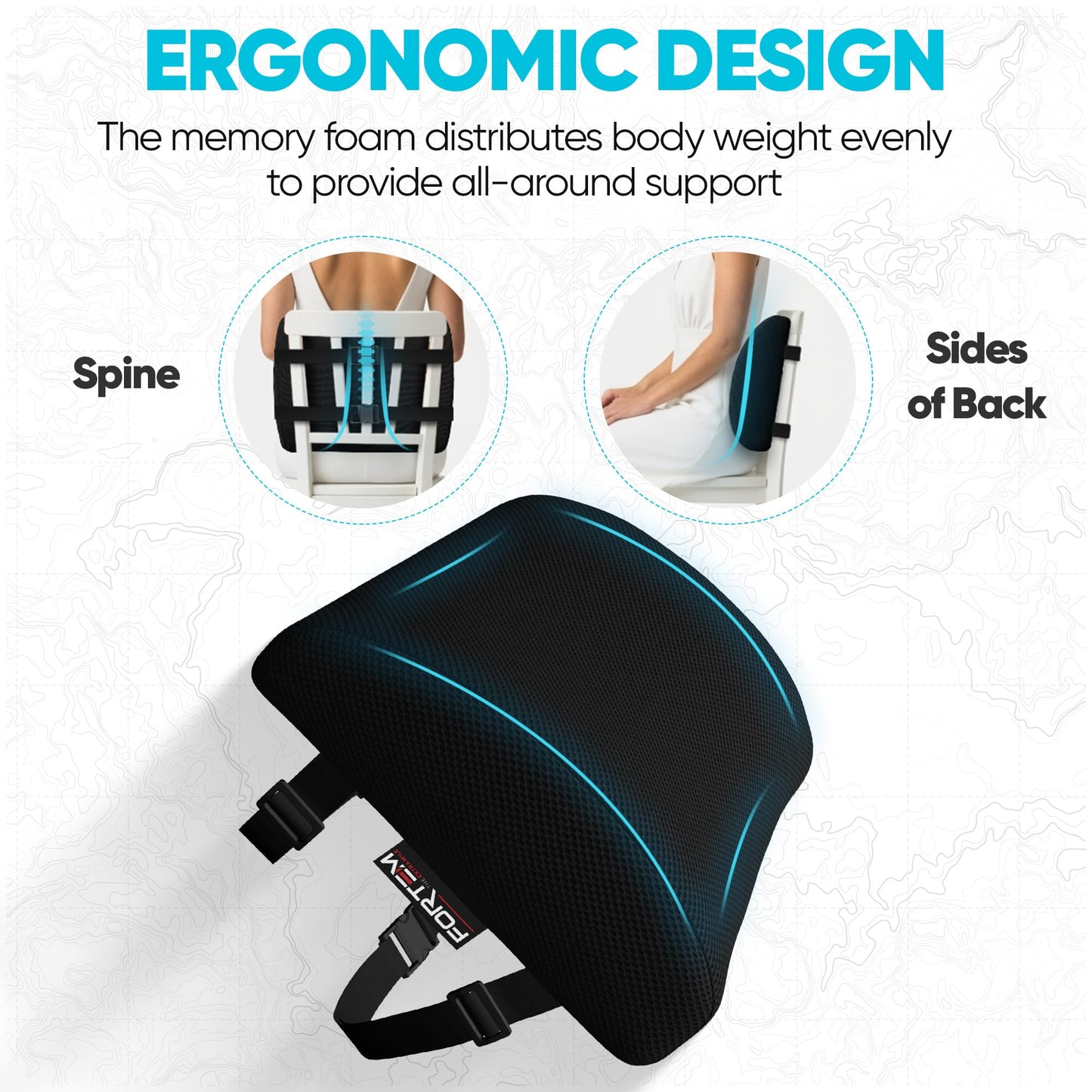 FORTEM Lumbar Support Cushion, Back Support for Office Chair and Car Seat, Back Rest for Gaming, Memory Foam Pillow, Desk Chair Cushion, Breathable & Washable Cover, Adjustable Straps