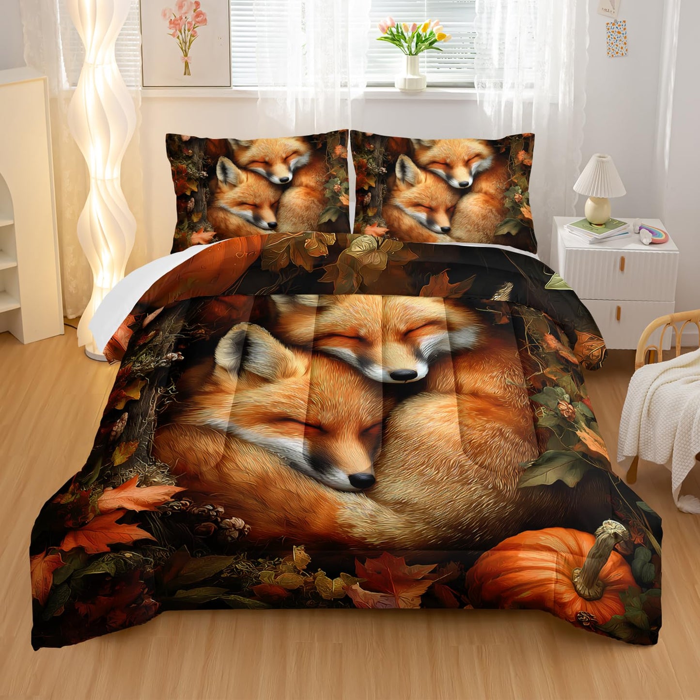 Nttopship Fox Comforter Set 3-Pieces Twin Size,Cute Foxes Bedding Set for Kids Boys Girls Cute Animal Comforter Wildlife Quilt Set 3D Animal Plants Leaves Printed ThemeComforter with 2 Pillowcases