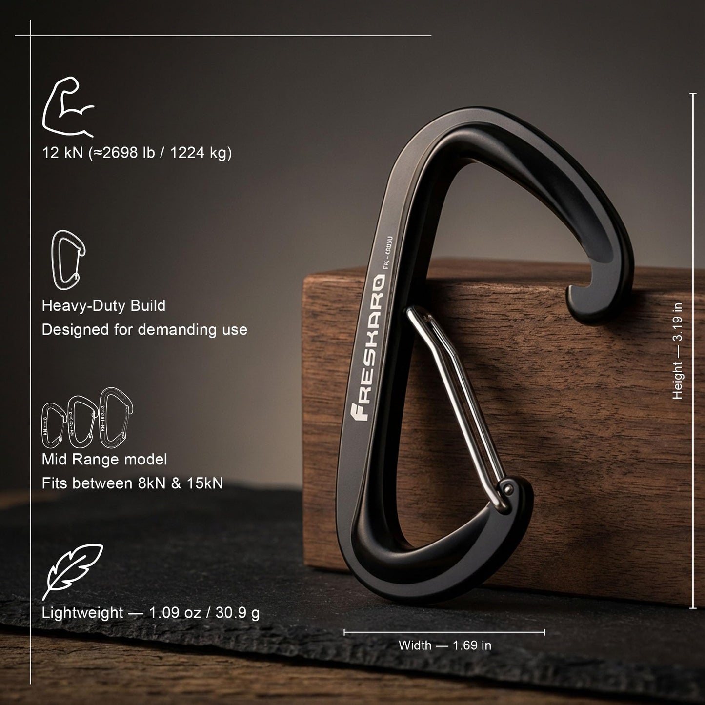 FresKaro Wiregate Carabiner Clip, 12kN(2698lbs), Suit for Backpacking Gear or as a Hiking Accessories - 4pack of Black D Ring Wire Gate Carabiners