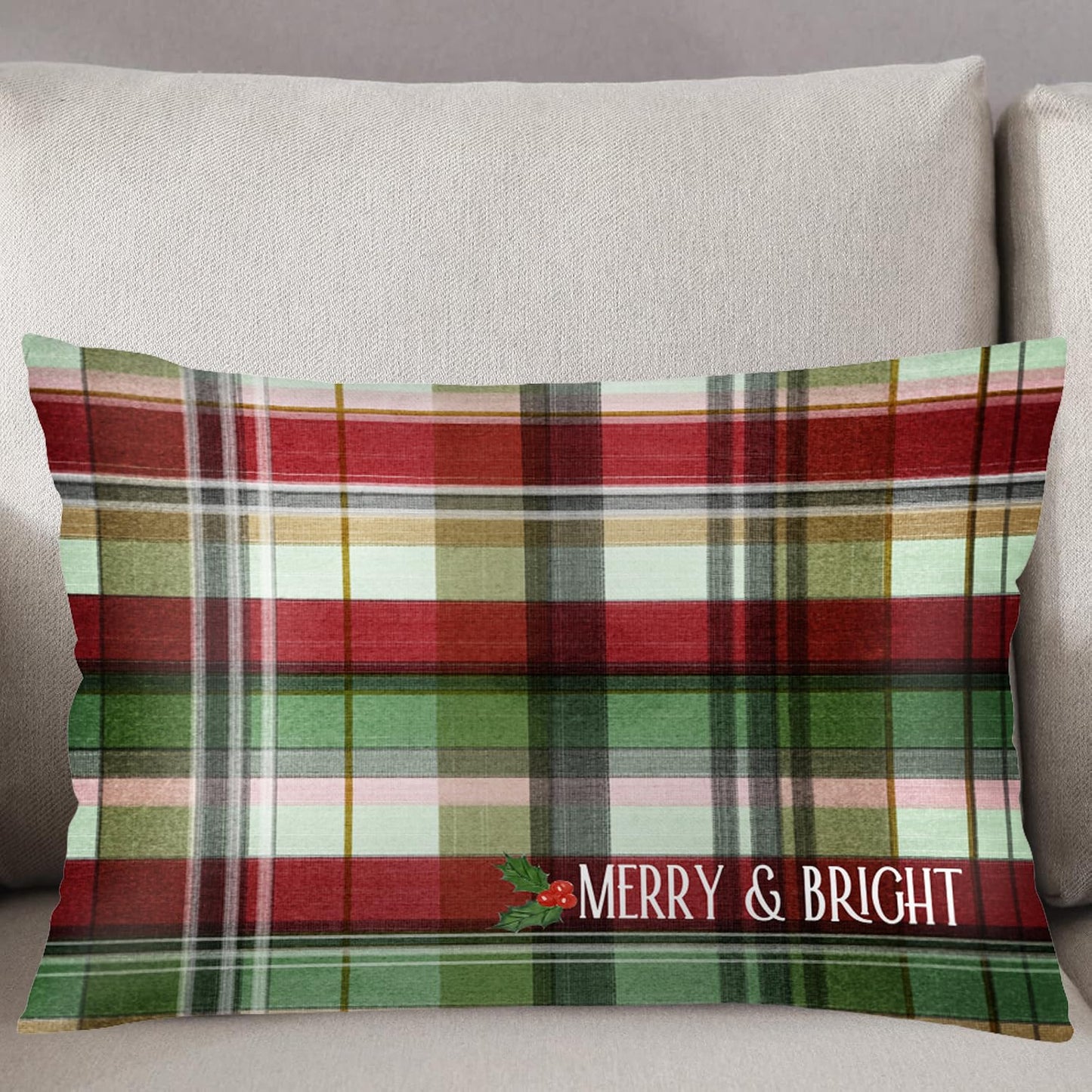 Easternproject Merry & Bright Christmas Buffalo Plaid Checkered Standard Pillowcases 20x26 Inch Double Sided Red Green Scottish Tartan Pillow Case Xmas Holly Berry Sleeping Throw Pillow Covers for Bed