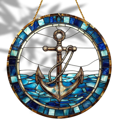 8x8 inch Charming Nautical Anchor Acrylic Stained Glass Window Hanging Sun Catcher Decor Stained Panel Hangings Wall Art Decor, for Friends and Family (Nautical)