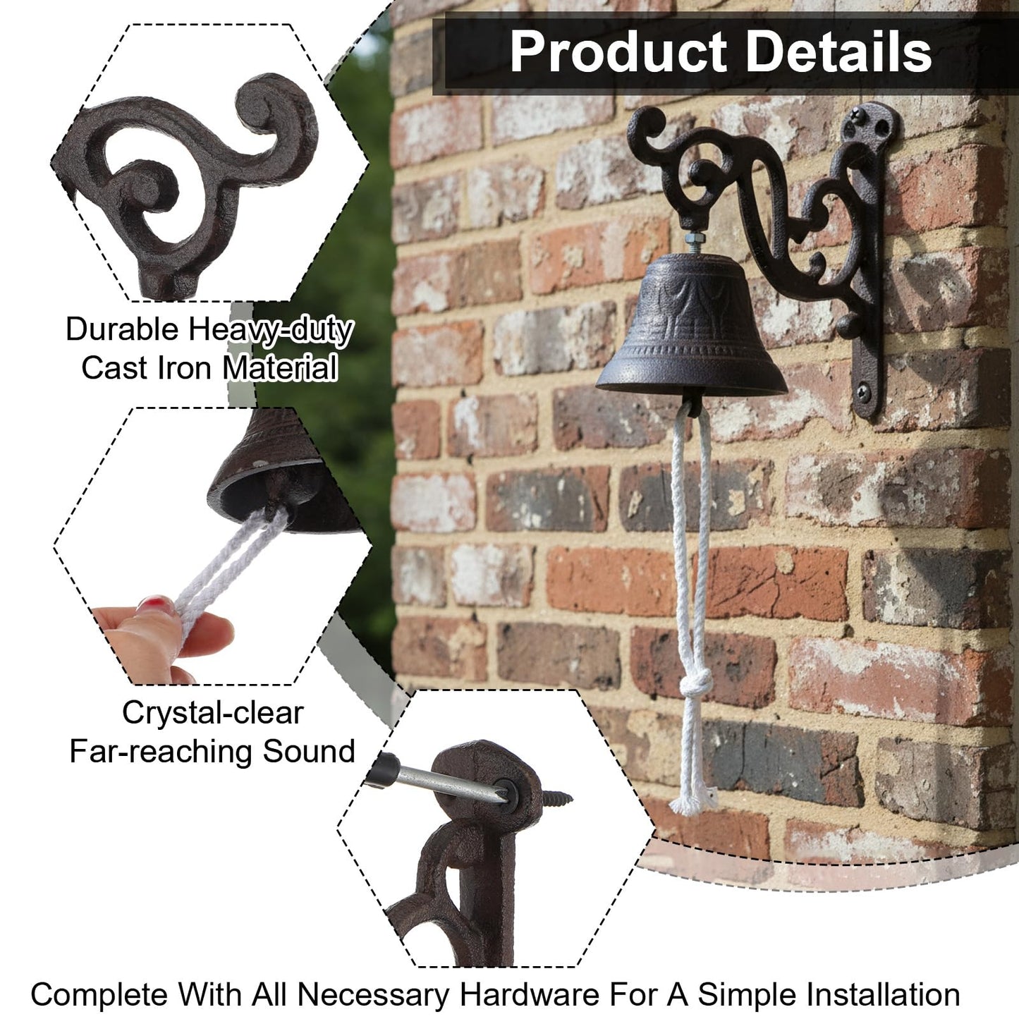 2 Pack Cast Iron Dinner Bells with Rope - Classic Brown Outdoor Hanging Bell for Wall Mount, Farmhouse, Garden, Porch - Loud Sound for Home, Church, Learning Places Decor