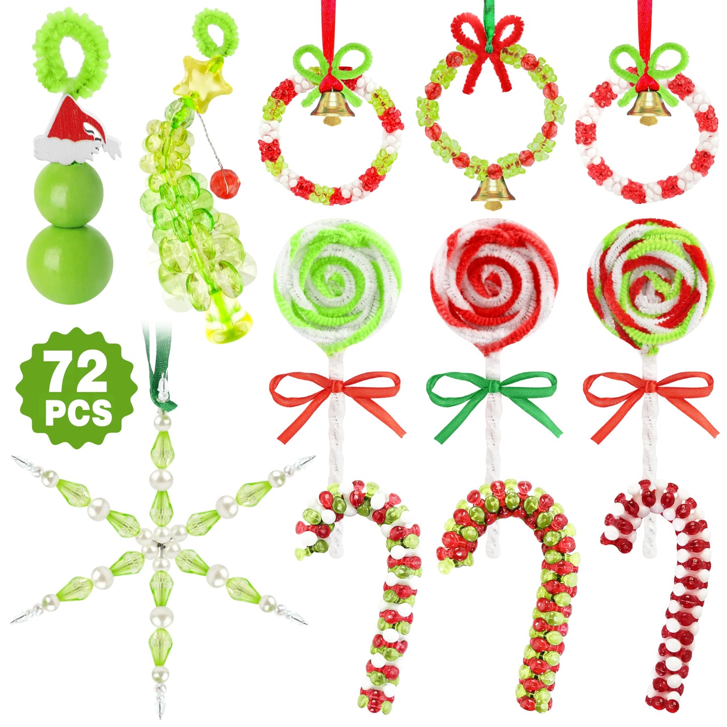 72 PCS Christmas Crafts DIY Beaded Ornaments Kits for Adults with 6 Styles - Green Monster, Tree, Wreath, Candy Cane, Lollipop, Snowflake for Winter Holiday Christmas Tree Decor