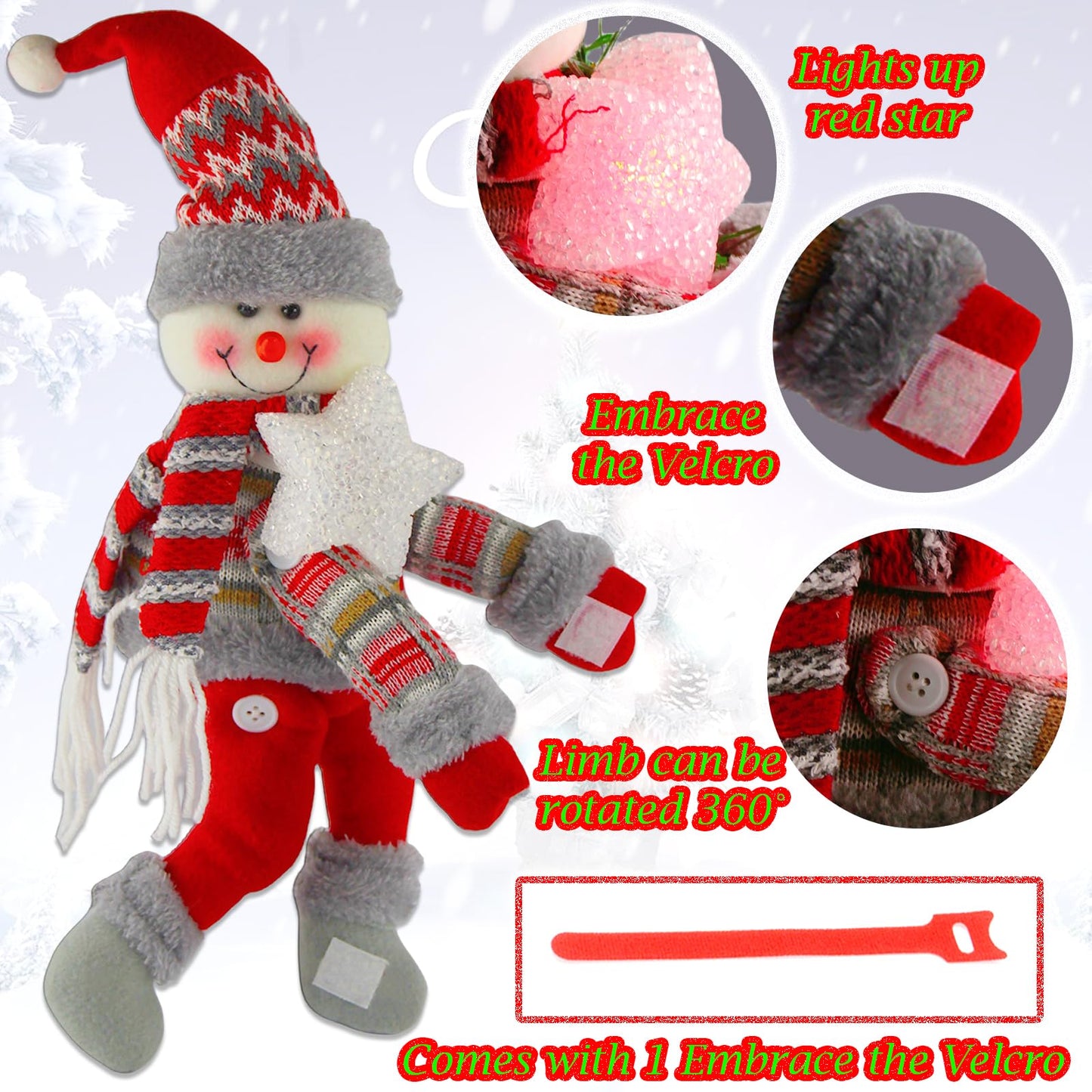 Christmas Plush Snowman Tree Topper with Lighted Red Star - Multifunctional Xmas Treetop Ornament, Home Curtain Tie & Hugger Wine Bottle Party Decoration