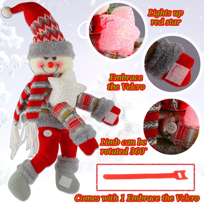 Christmas Plush Snowman Tree Topper with Lighted Red Star - Multifunctional Xmas Treetop Ornament, Home Curtain Tie & Hugger Wine Bottle Party Decoration