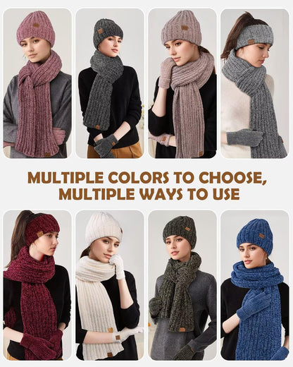 Women Beanie Scarf Gloves Headband Set for Winter, Chenille Beanie Hats Ear Warmer with Fleece Lined Knit Scarf Touchscreen Gloves, 4 in 1 Warm Xmas Gift Set Stocking Stuffers for Women-Beige
