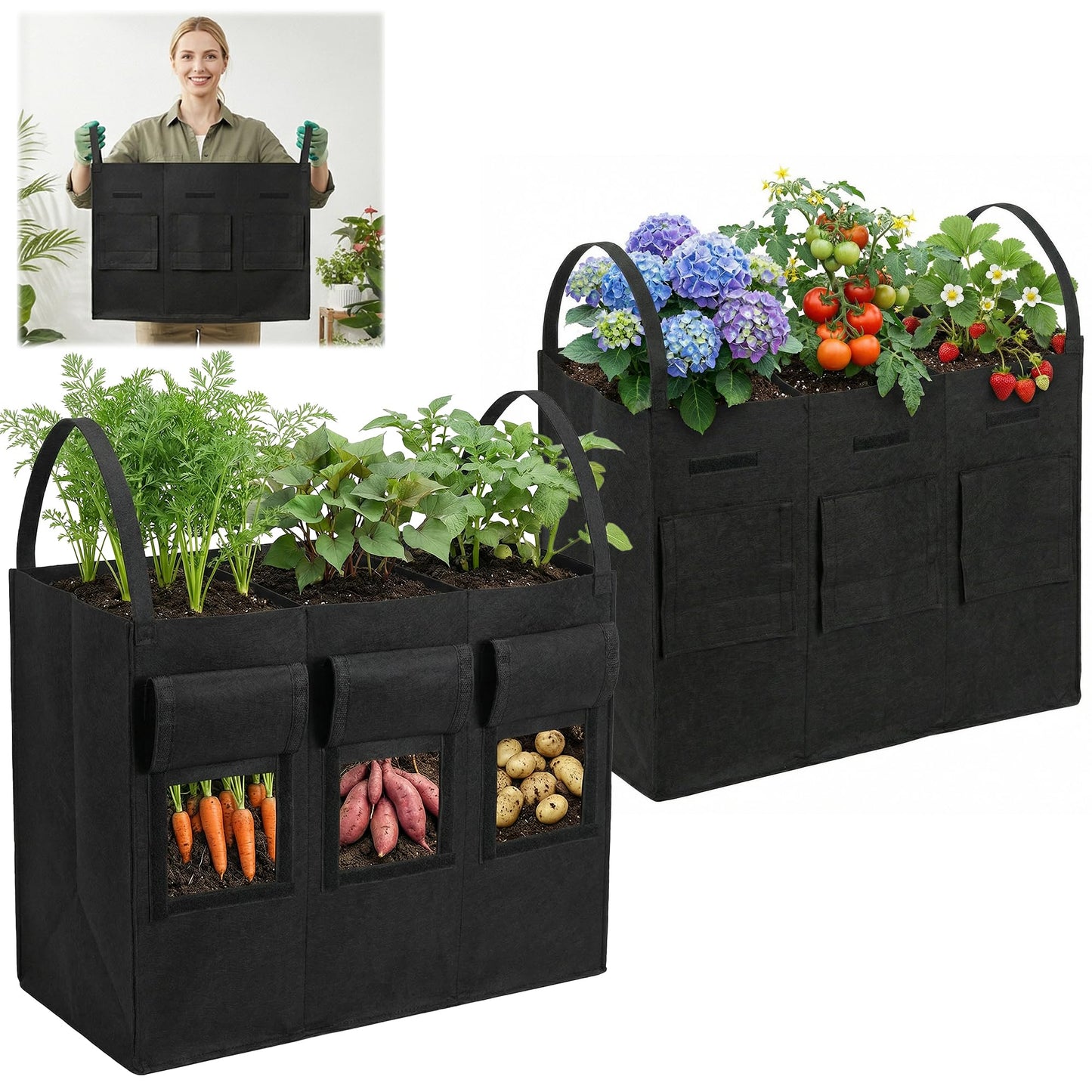 Chonway 24 Gallon 2 Pack Potato Grow Bags with Visible Harvest Window & Handles, 3-Compartment Nonwoven Fabric Planters Grow Bags for Potatoes, Potato Planter for Growing Tomato, Vegetables, Flower