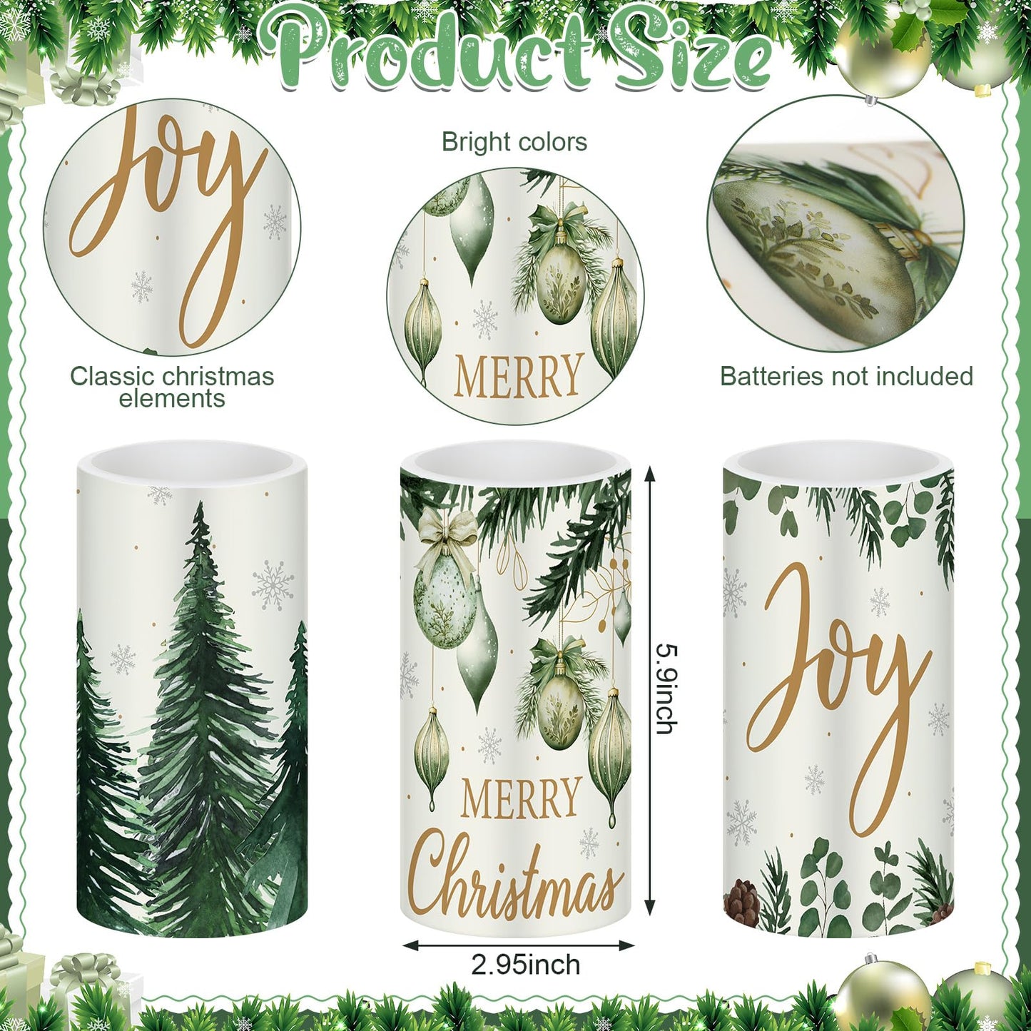 Retisee 3 Pcs Green Christmas Flameless Candles Pine Christmas Battery Operated LED Candles with Remote Green Xmas Decorations Centerpiece for Holiday Bedroom Living Room Xmas Home Decor
