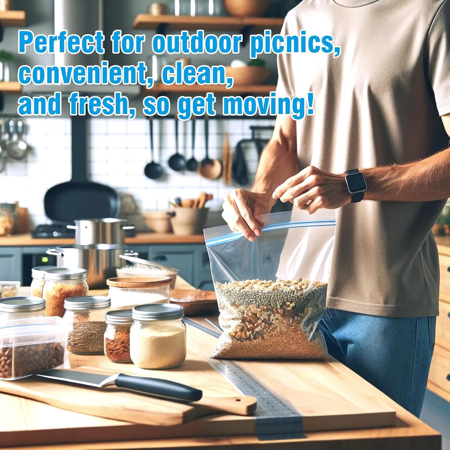 100-Pack Food Storage Freezer Bags - 3 Sizes, Reusable with Zipper Lock for Fruit and Veggies, Microwave and Freezer Safe, No BPA - Strong Seal, Easy to Fill for Lunch, Snacks, and Meals