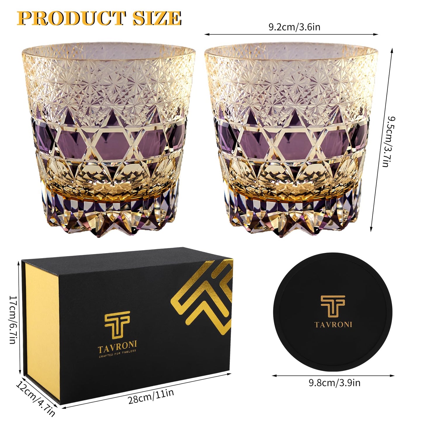 TAVRONI Handmade Japanese Crystal Glass 11 oz – Edo Style Old Fashioned Whiskey Glass Tumbler for Bourbon, Scotch, Cocktails – Luxury Barware Gift for Men, Dad – Home Bar, Anniversary, Groomsmen Gift