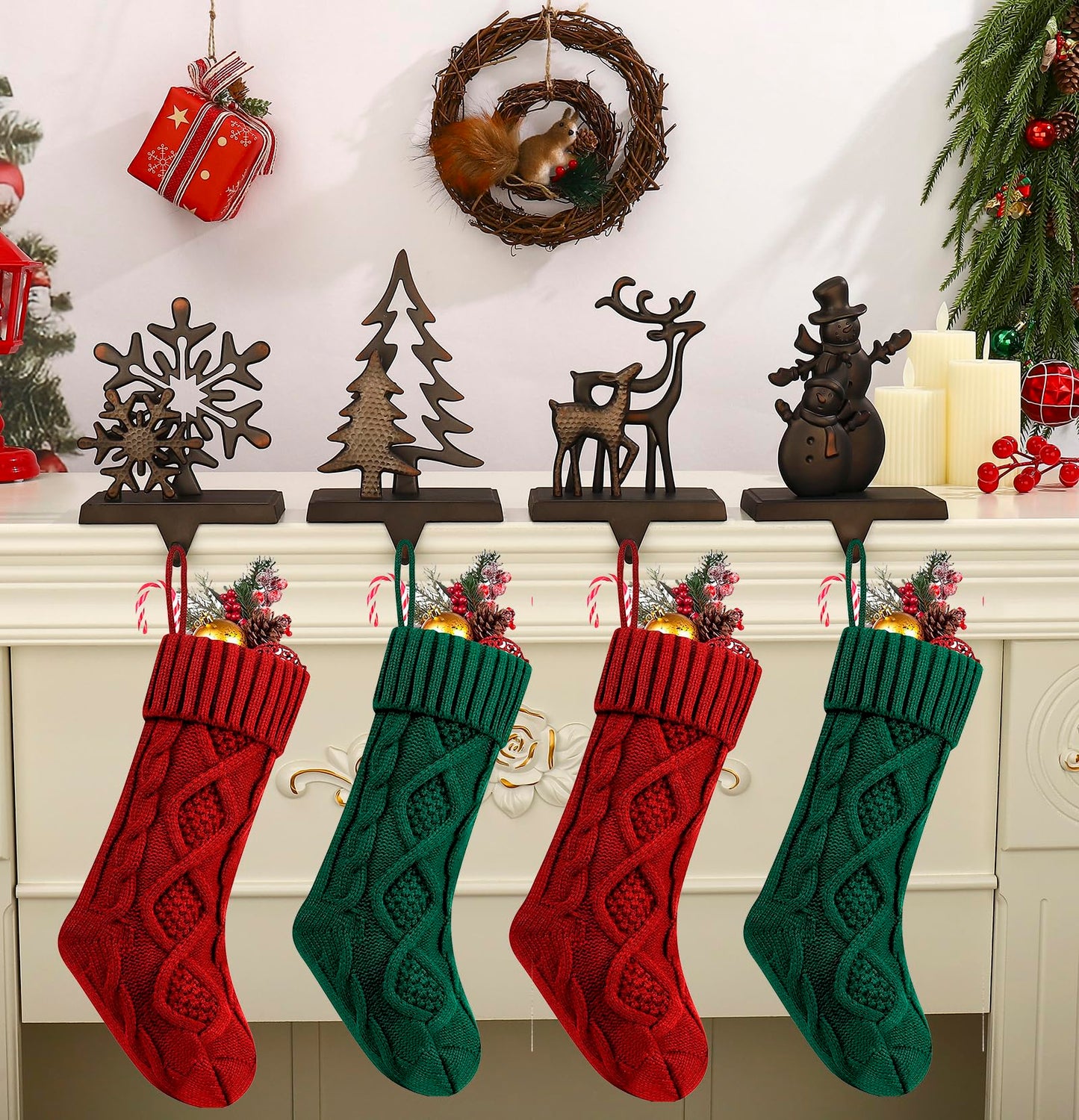 Set of 4 Christmas Stocking Holders for Mantel,Deer Snowman Snowflake Reindeer Stocking Holders for Fireplace Christmas Hanger for Stocking,Metal Stocking Hooks for Xmas Decoration (Black set, 4)