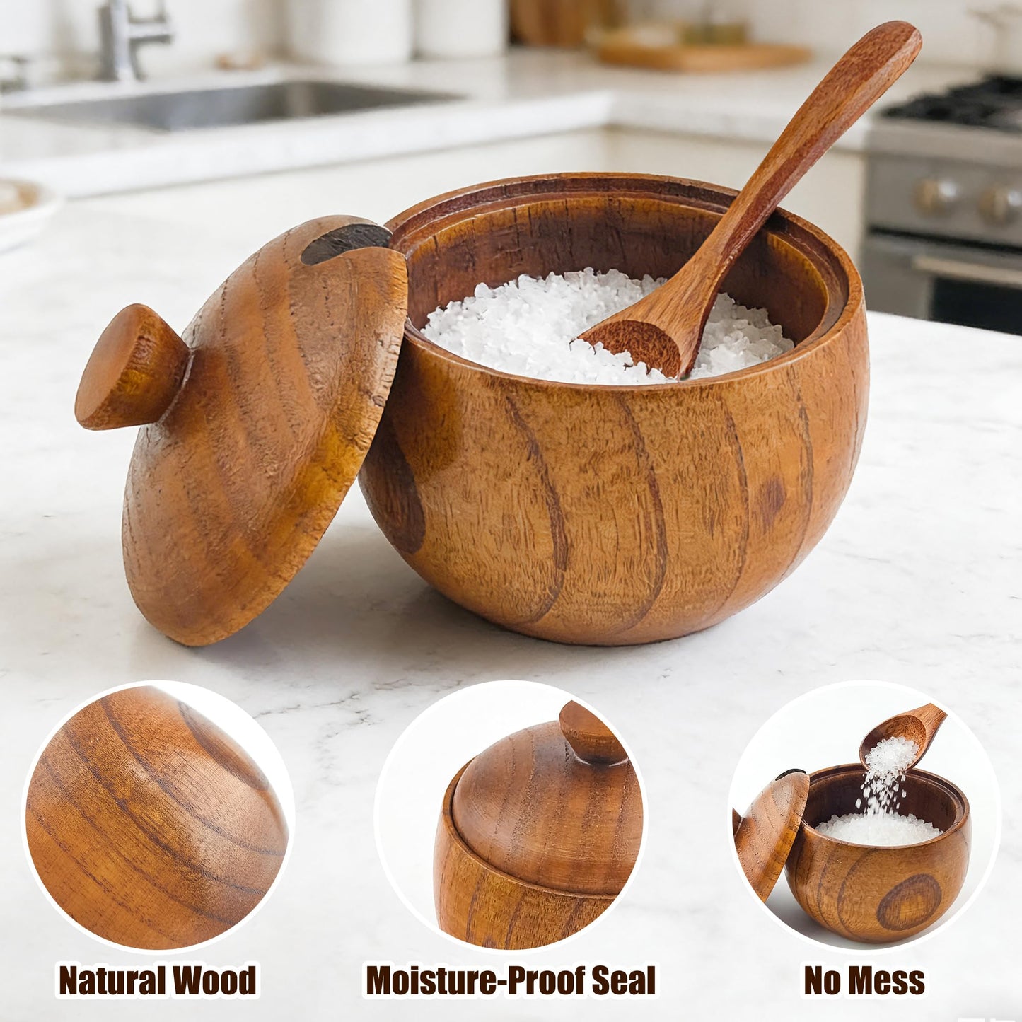 Yokudo Wooden Salt Cellar with Lid and Spoon 5.7 oz Kitchen Wooden Salt Box for Sea Salt,Spices and Herbs（1pcs）