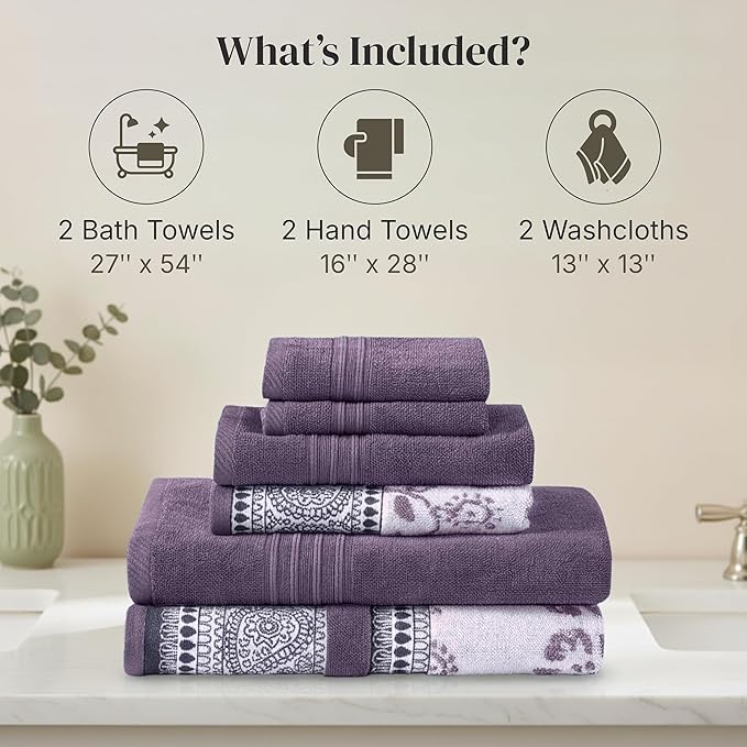 Modern Threads Ophelia 6-Piece 100% Cotton Towel Set – Reversible Yarn Dyed