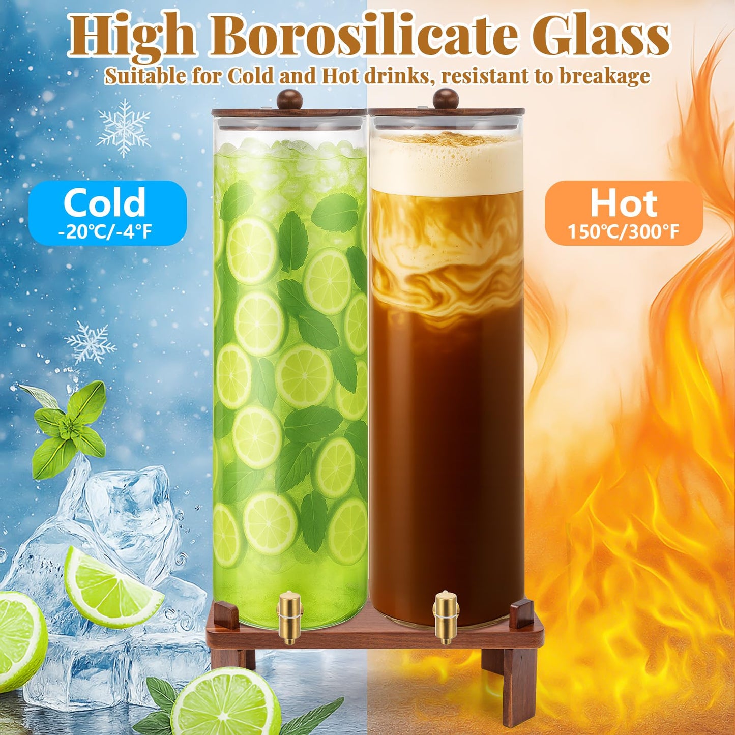 FillTouch 2 Pack 5 Gallon Glass Drink Dispenser with Acacia Wood Stand and Lid, Large Glass Beverage Dispenser with Spigot Perfect for Juice, Tea, Sangria, Lemonade, Weddings, Party, Outdoor Events