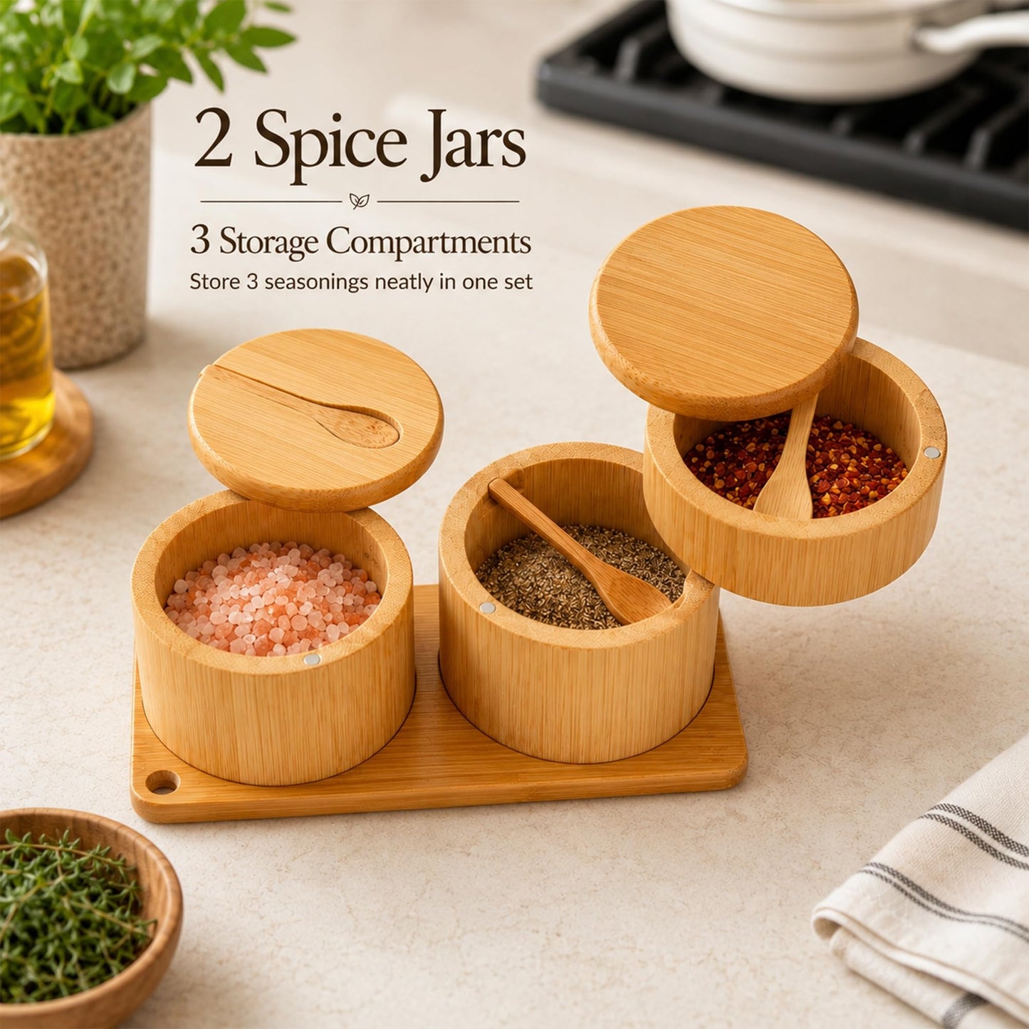 Bamboo Salt Cellar Set with Tray, Single & Double-Tier Salt and Pepper Cellar with Spoon & Magnetic Swivel Lid, 16 Labels, Spice Containers for Salt, Sugar, Pepper, Spices, Kitchen Organizer 9OZ Each