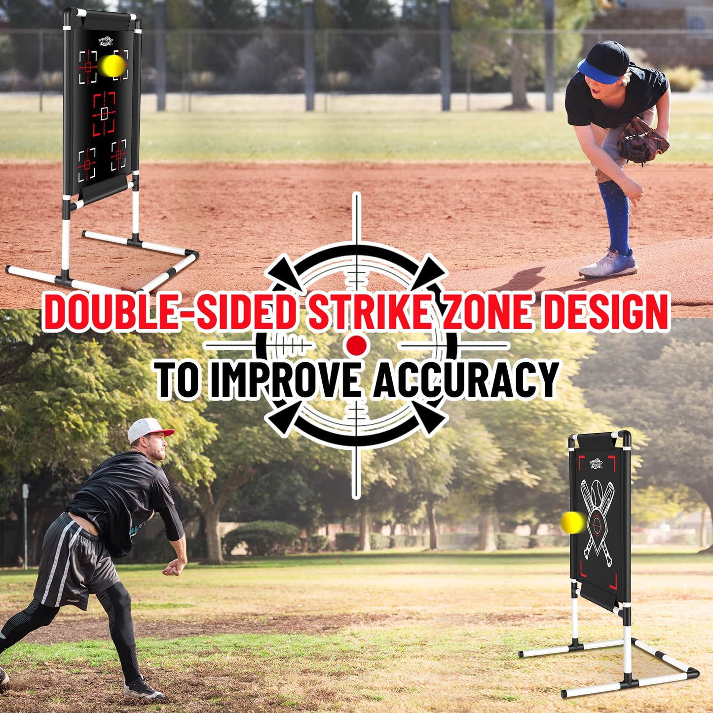 Dual-Sided Baseball Strike Zone Target,Adjustable Height Pitching Strike Zone Trainer for Pitching,Throwing Practice, Includes Stakes,Sandbags & Carry Bag for Indoor & Outdoor
