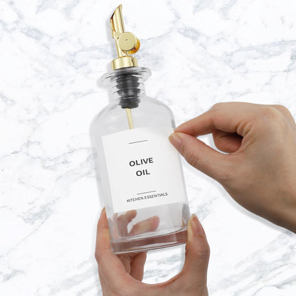 Spaceneat Olive Oil Dispenser Bottle - Includes 55 Kitchen Essential Labels - Cooking Oil Bottles for Kitchen, Coffee Syrup Dispenser - Pourer Spout with 11.8 fl oz Glass Container Cruet - 2pcs, Gold