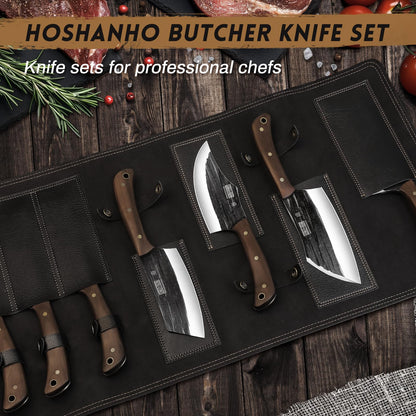 HOSHANHO Butcher Knife Set, Hand Forged Butcher Chef Knife Set with Roll Bag, Sharp Meat Cleaver Knife & Bone Chopper Knives & Fillet Knives for Home & Camping & BBQ Gift with Men