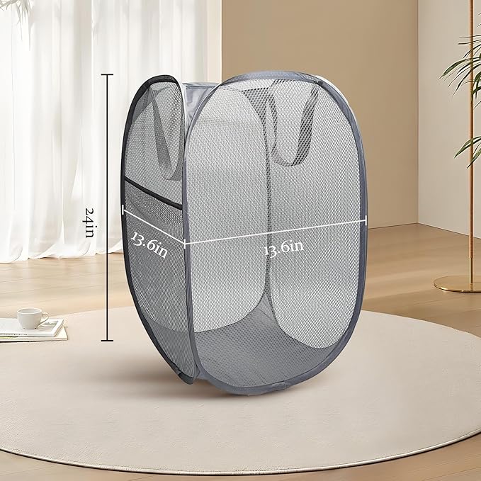 The upgraded pop-up laundry basket features a breathable side pocket mesh design