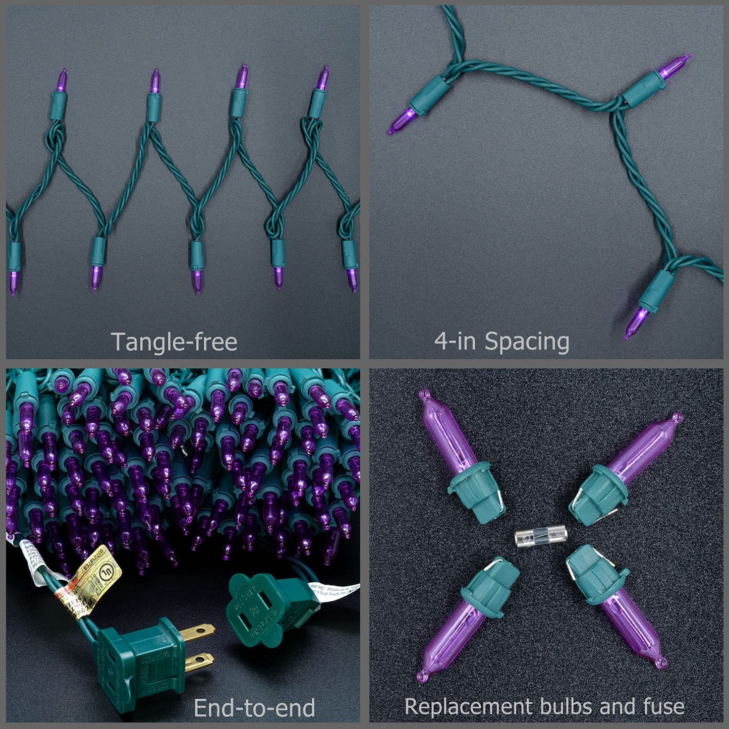YULETIME 200 Purple LED Christmas Lights, 66 ft Green Wire UL String Light
