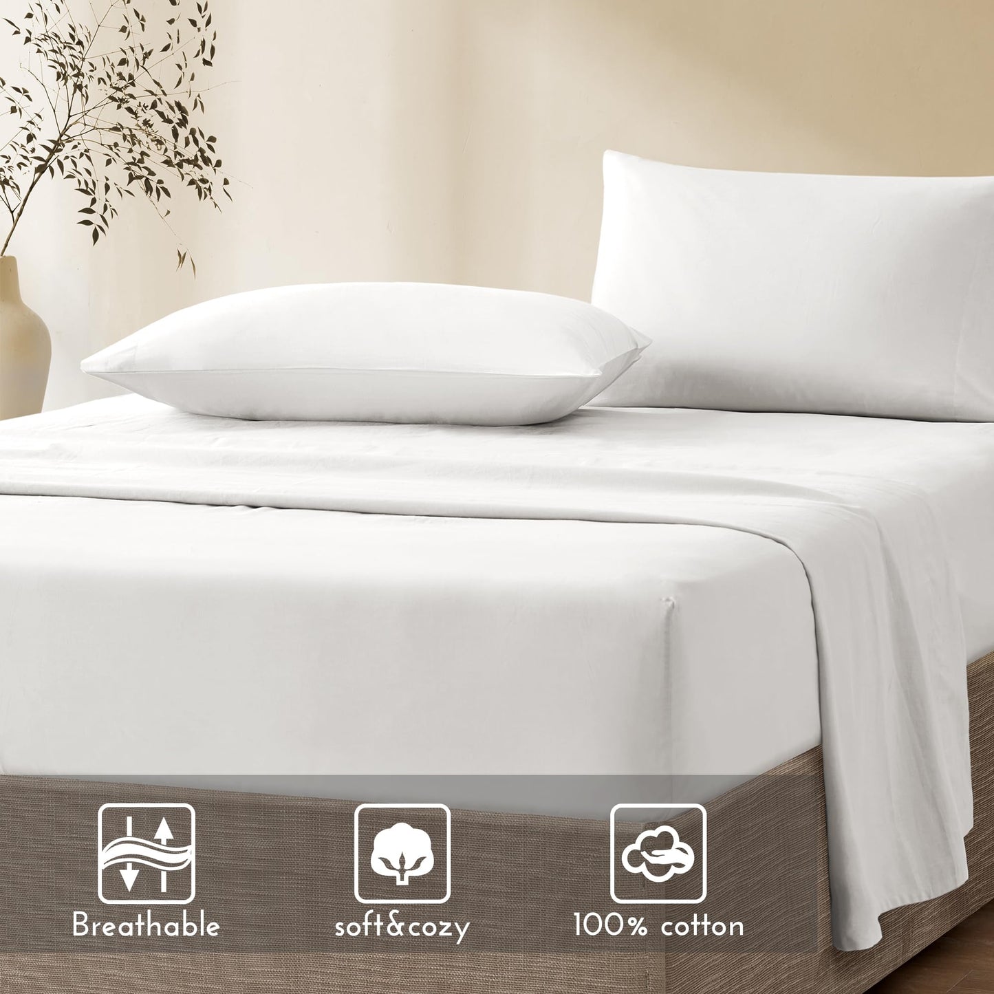 Comfort Spaces 100% Cotton Sheet Set Breathable, Lightweight, Soft with 14" Elastic Pocket Fits up to 16" Mattress, All Season Cozy Bedding, Matching Pillow Case, Cal King White 4 Piece
