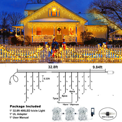 Icicle Christmas Lights Outdoor - 33FT 400 LED Icicle Lights for Outside with 75 Drops 8 Modes Timers, Waterproof Connectable Hanging Lights for Indoor Roof House Yard Decorations, Warm White