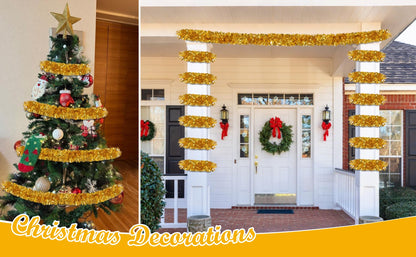 50Ft Gold Christmas Garland Decorations,Xams Tinsel Stems Non-Lit Soft Twist Garland Decor for Tree Stairs Railing Front Door Mantle Fireplace Indoor Outdoor Holiday Home