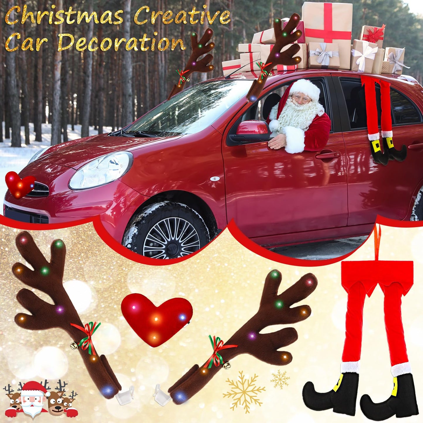 Frienda 2 Pcs Car Reindeer Antler Kit Christmas Decorations with LED Lights Hanging Santa Claus Legs and Deer Nose Star Candy Canes Auto Accessories for Christmas Car Decorations (Cute Style)