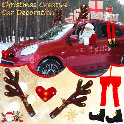Frienda 2 Pcs Car Reindeer Antler Kit Christmas Decorations with LED Lights Hanging Santa Claus Legs and Deer Nose Star Candy Canes Auto Accessories for Christmas Car Decorations (Cute Style)