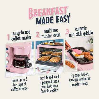Nostalgia 3-in-1 Breakfast Station - Includes Coffee Maker, Non-Stick Griddle, and 4-Slice Toaster Oven - Versatile Breakfast Maker with Timer - Aqua