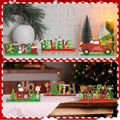 Marsui 12 Pcs Christmas Wooden Table Decor Xmas Decorative Home Table Centerpiece Merry Christmas Wood Signs Lime Green and Red Hope Believe Joy Noel Peace Love Wooden Signs for Party Decoration