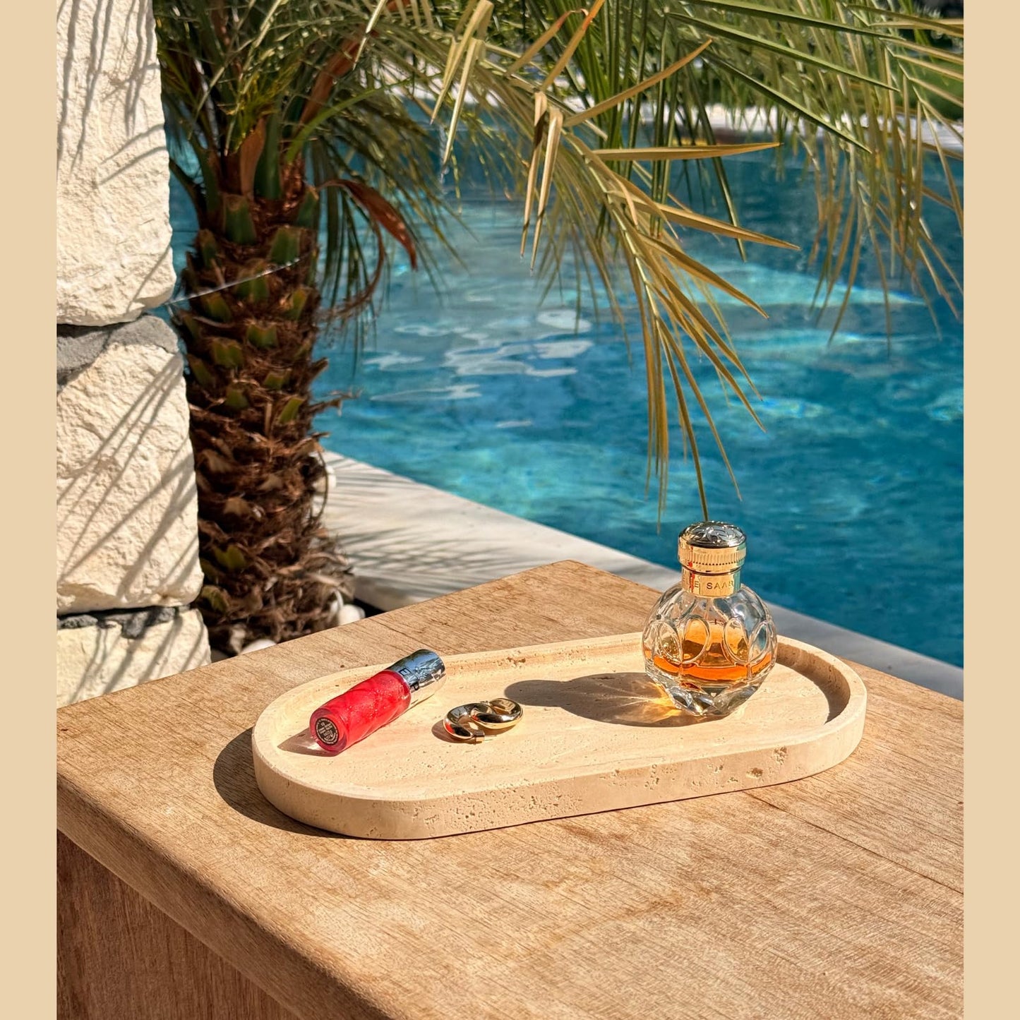 Natural Travertine Oval Tray 12”x6” – Vanity & Bathroom Counter Tray for Perfume, Candles & Jewelry | Heavy Stone Decorative Marble Tray with Non-Slip Pads