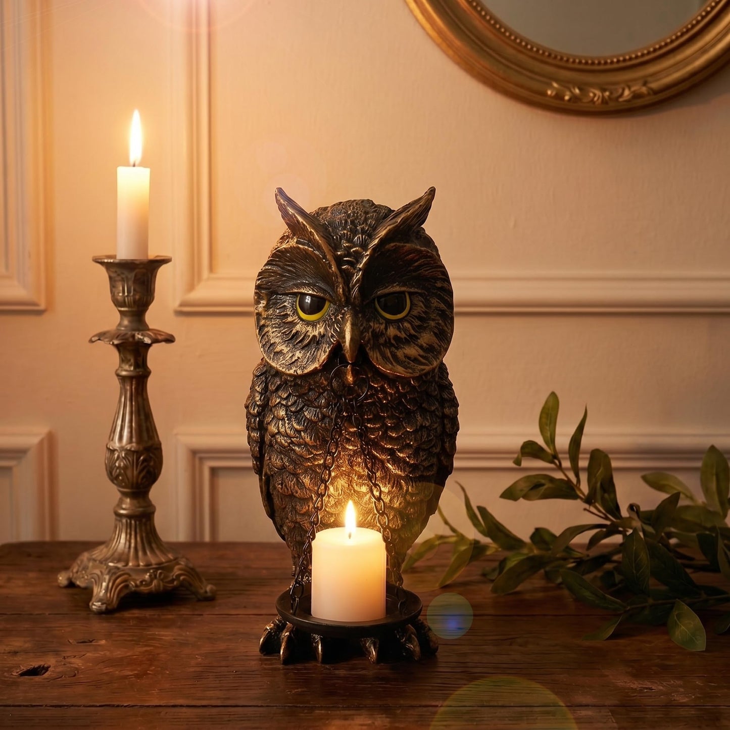 Gothic Home Decor Owl Candle Holder Tealight Stand Resin Statue for Living Room Bedroom Halloween Spooky Ornaments Unique Bird Decor Gold