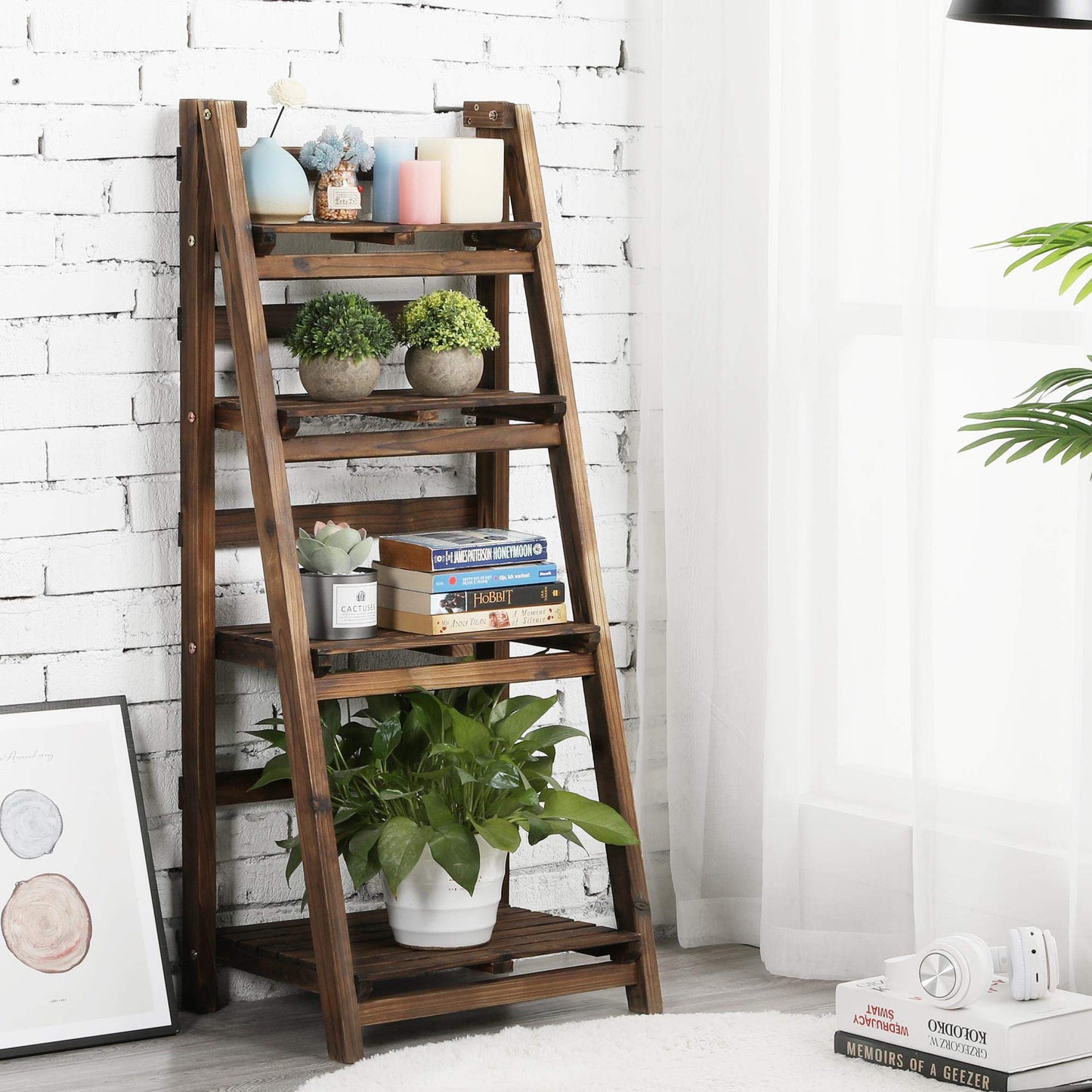 Yaheetech Foldable Ladder Shelf Wooden Plant Stand Indoor Outdoor Shelves No Assembly Flower Display Multi-Functional Shelves Outdoor Storage Shelf for Living Room/Garden/Office/Kitchen Brown