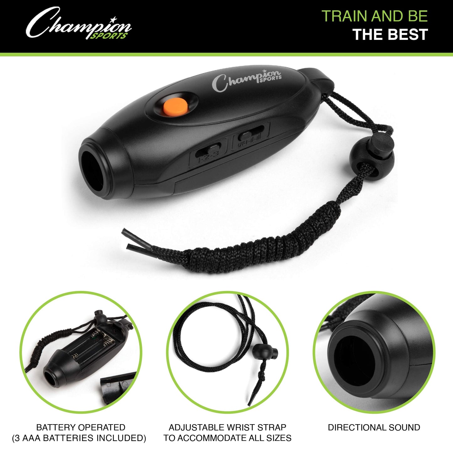 Champion Sports Electronic Hand Whistle, Three Tone-for Sports Coach, Referee, PE Teacher, Lifeguard, & Personal Use -Push Button, Handheld, Indoor and Outdoor, Adjustable Volume and Wrist Strap Black