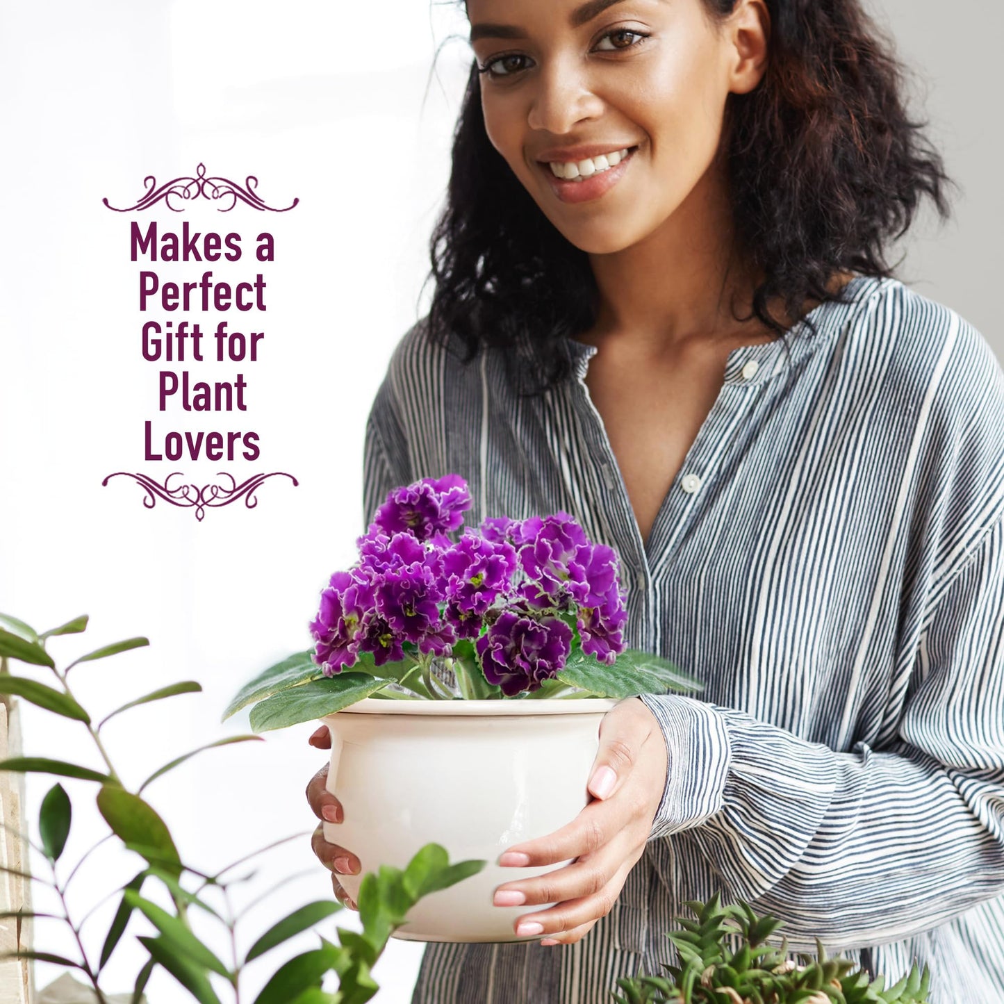 African Violet Pots Self Watering – 6.5”W x 4.6”H Ceramic Self Watering Pots for Indoor Plants with Glazed White Outer Pot & Absorbent Inner Pot for Easy Plant Care