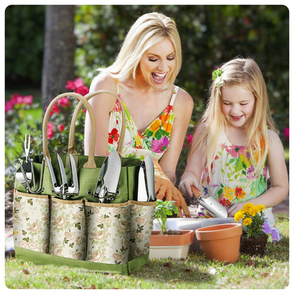 Heavy Duty Garden Tools Set, 9-Piece Stainless Steel Rust-Proof Gardening Kit with Non-Slip Ergonomic Handles & Durable Storage Tote Bag, Gardening Gifts for Women Men, Indoor/Outdoor Plant Tools